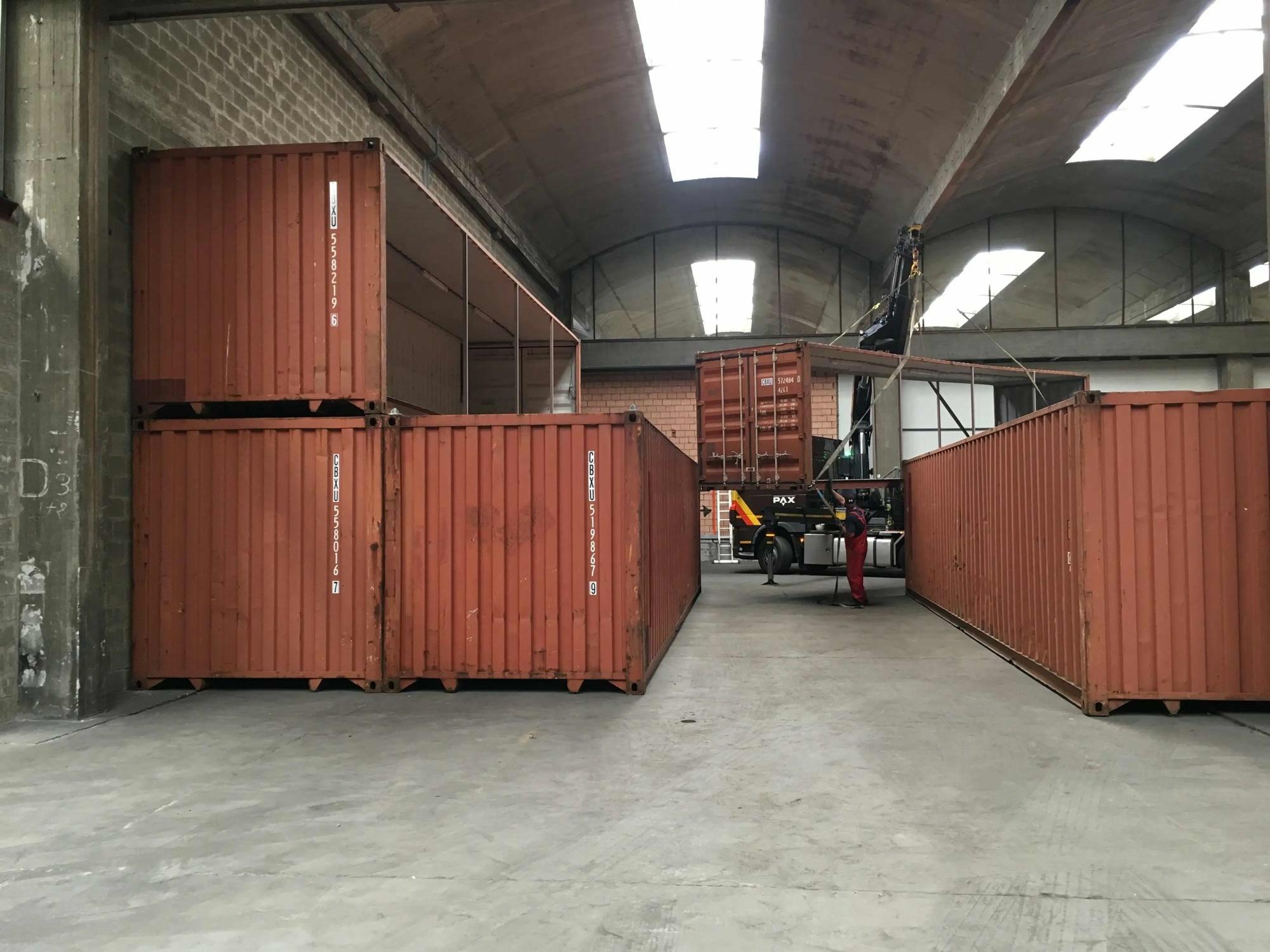 40FT shipping containers used for storage at Bowling and Karting Antwerp