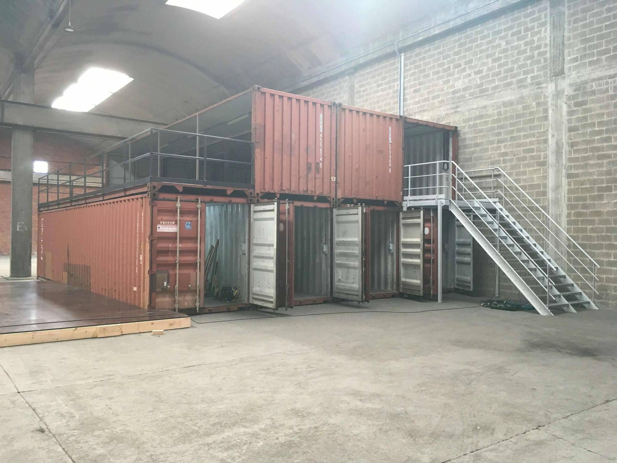 40FT shipping containers used for storage at Bowling and Karting Antwerp